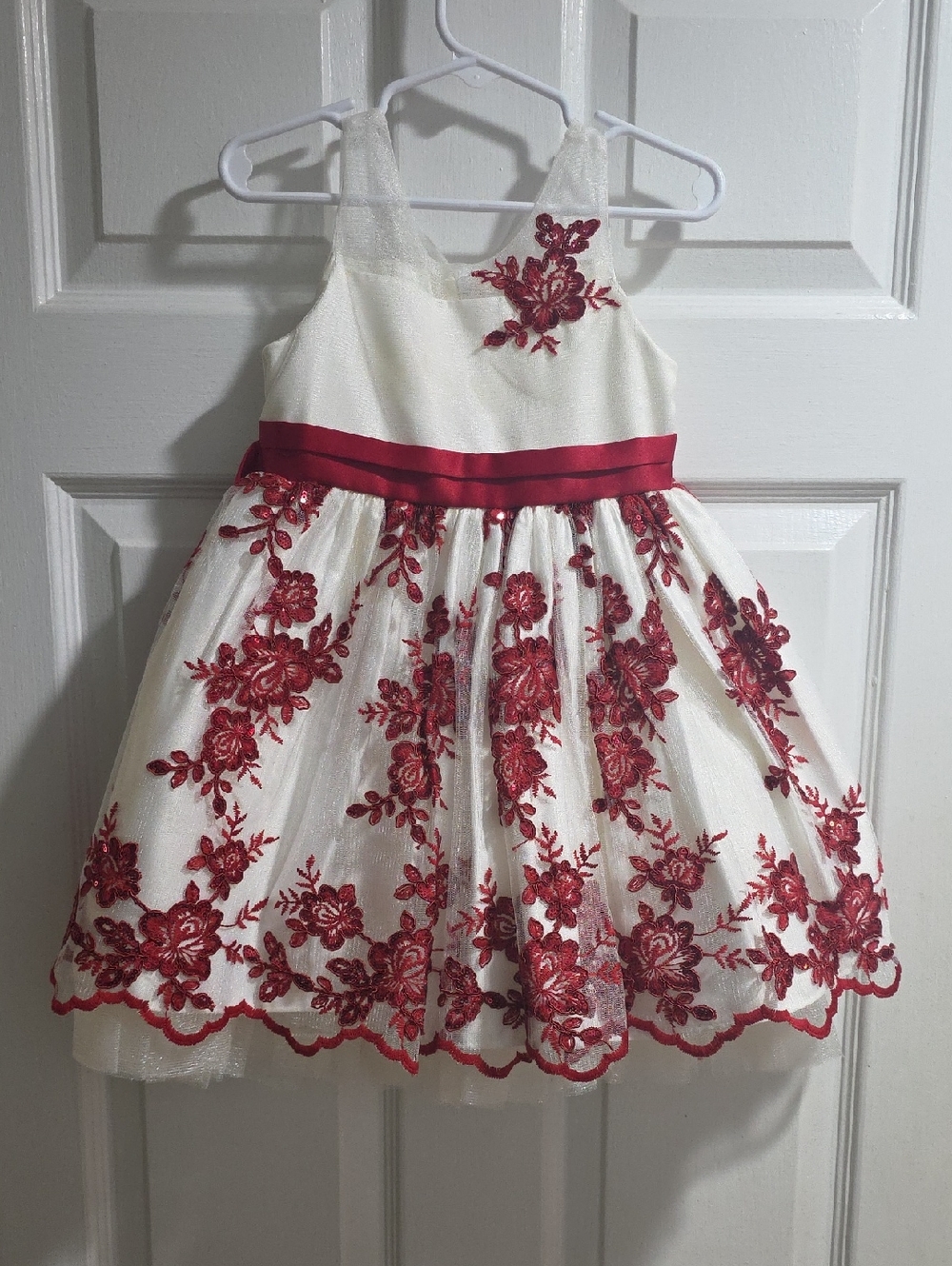 American Princess Ivory Dress with Red Floral Lace and Satin Waistband